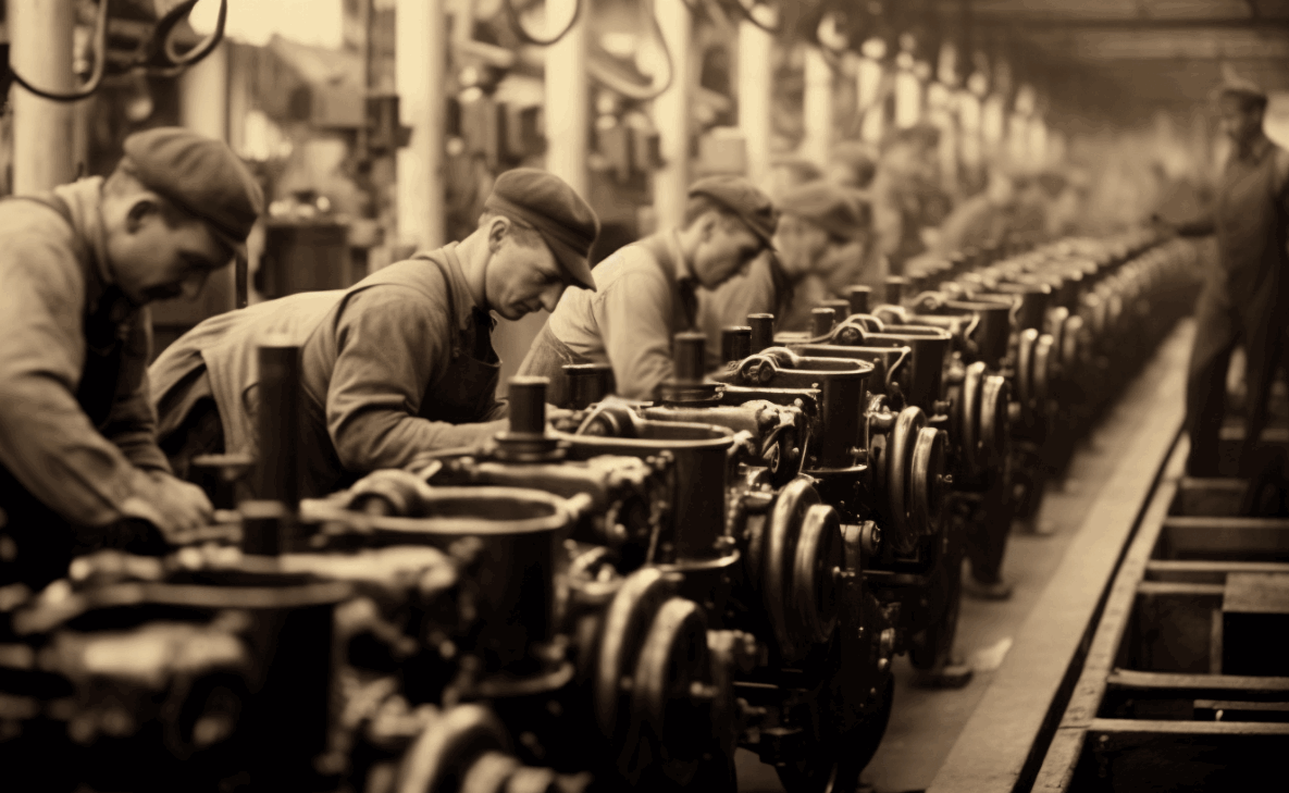 Factory workers on the assembly line, from 1924.